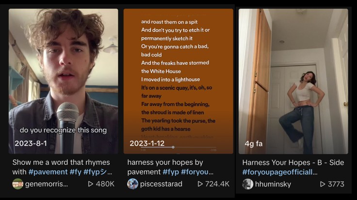 screenshot di video di TikTok dedicati alla canzone Harness Your Hopes dei Pavement