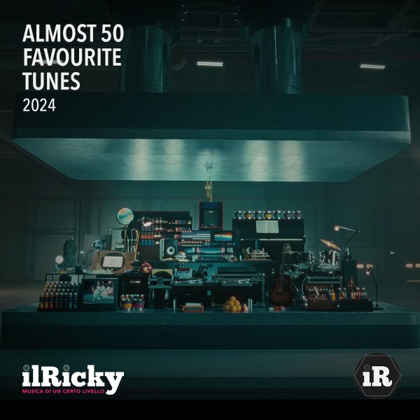 Immagine di copertina della playlist «Almost 50 Favourite Tunes 2024» di ilRicky [Riccardo Urso] su Spotify: screenshot dallo spot Crush! di Apple iPad con logotipo e monogramma di ilRicky [Musica di un Certo Livello].