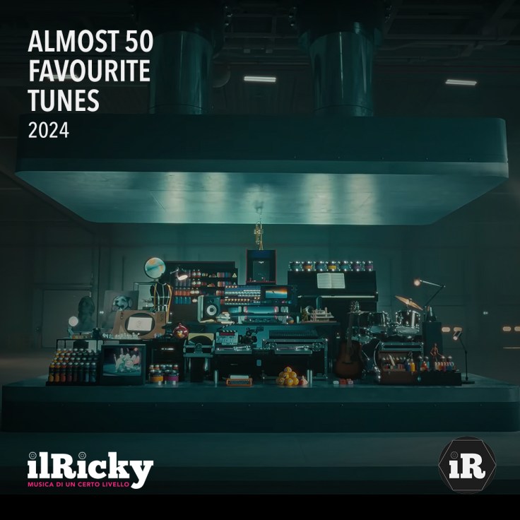 Immagine di copertina della playlist «Almost 50 Favourite Tunes 2024» di ilRicky [Riccardo Urso] su Spotify: screenshot dallo spot Crush! di Apple iPad con logotipo e monogramma di ilRicky [Musica di un Certo Livello].