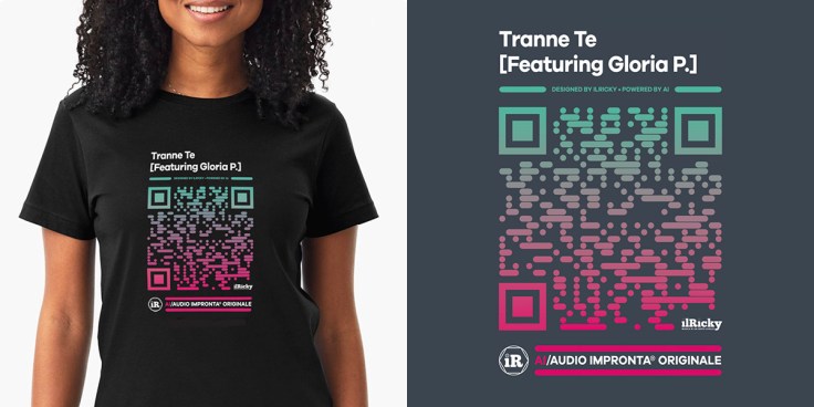 primo piano e dettaglio dell'artwork della t-shirt sonica color nero in versione audio impronta, indossata da una ragazza
