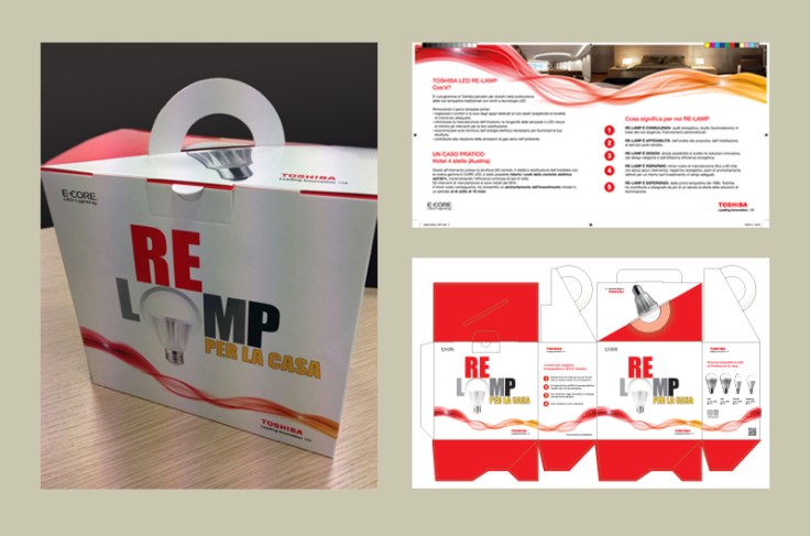 foto e disegno del packaging e di un catalogo per Toshiba Lighting