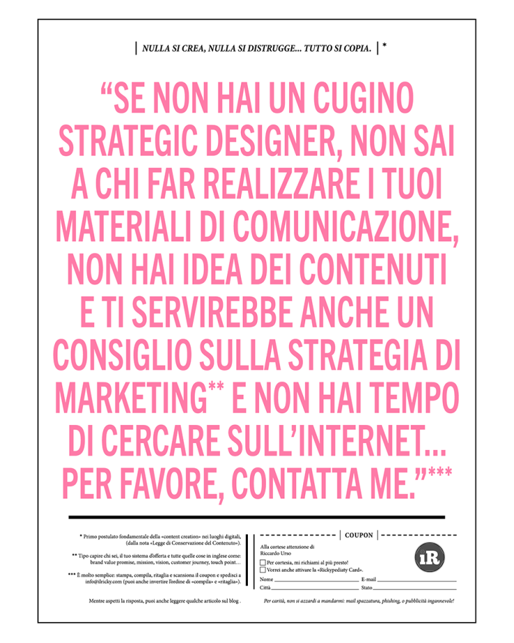 finta pagina pubblicitaria dei servizi di ilricky tributo alla pagina di Howard Luck Gossage per FINA